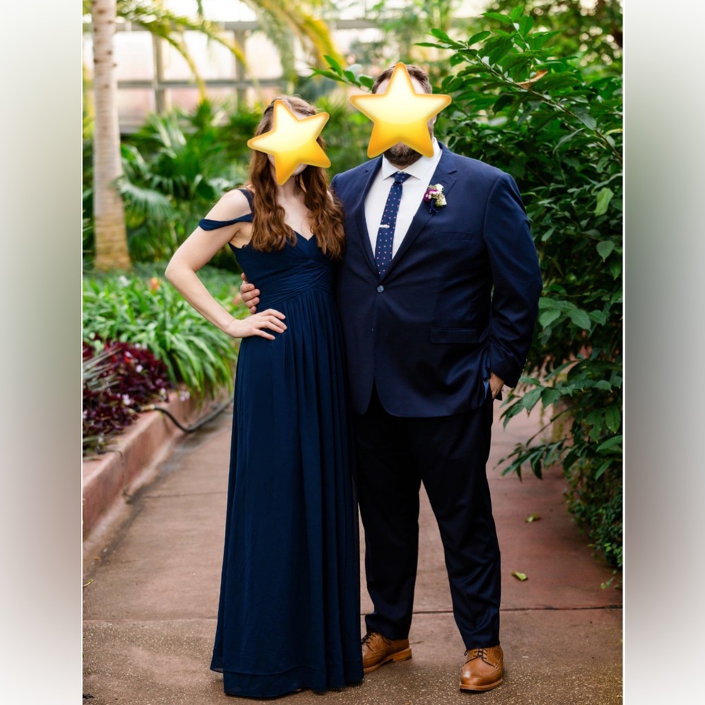 Lulu’s Navy Grecian Draped Off the Shoulder Bridesmaid Gown